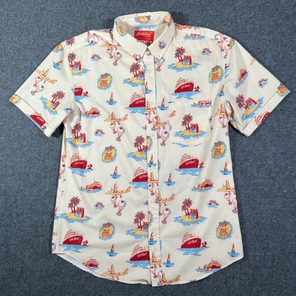 Rsvlts‎ Budweiser Kunuflex Short Sleeve Button Shirt Cream Red Vacation Sz Large - Picture 2 of 11